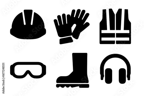 Safety equipment solid icon set. Personal protective equipment (PPE) vector illustration. Work safety glyphs for construction and industry. Includes helmet, gloves, vest, goggles.