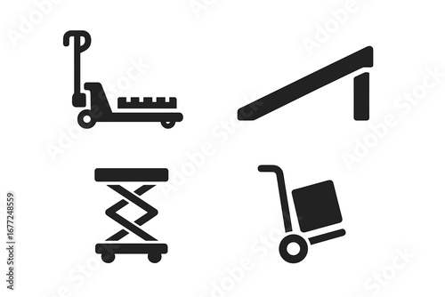 Material handling equipment icon set. Solid glyph icons for logistics, warehouse, and shipping. Includes pallet jack, loading ramp, scissor lift, and dolly for cargo transport.