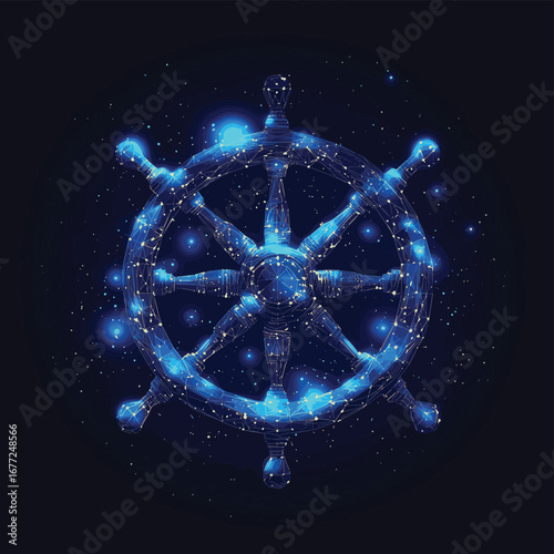 Polygonal digital ship wheel in blue low poly style with starry cosmic background representing navigation leadership and travel concept vector illustration