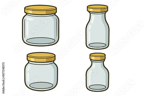 Empty glass jars and bottles with gold lids. Canning and preserving food concept. Kitchen storage containers for pantry organization. DIY craft project. Vector illustration.