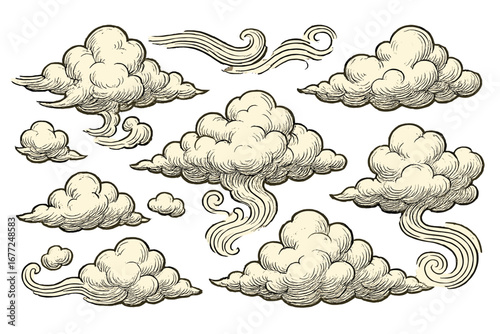 Vintage clouds set in Japanese engraving style. Hand drawn retro sky with wind. Oriental cloudscape sketch for tattoo or print. Asian decorative elements vector illustration.