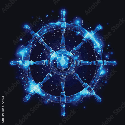 Polygonal digital ship wheel in blue low poly style with starry cosmic background representing navigation leadership and travel concept vector illustration