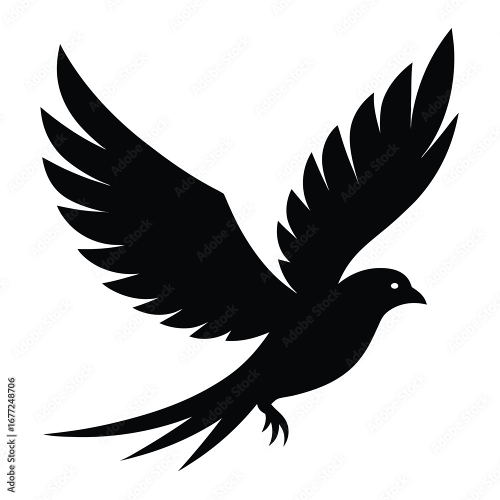 Obraz premium Black silhouette of a bird with wings spread in flight on white background flying