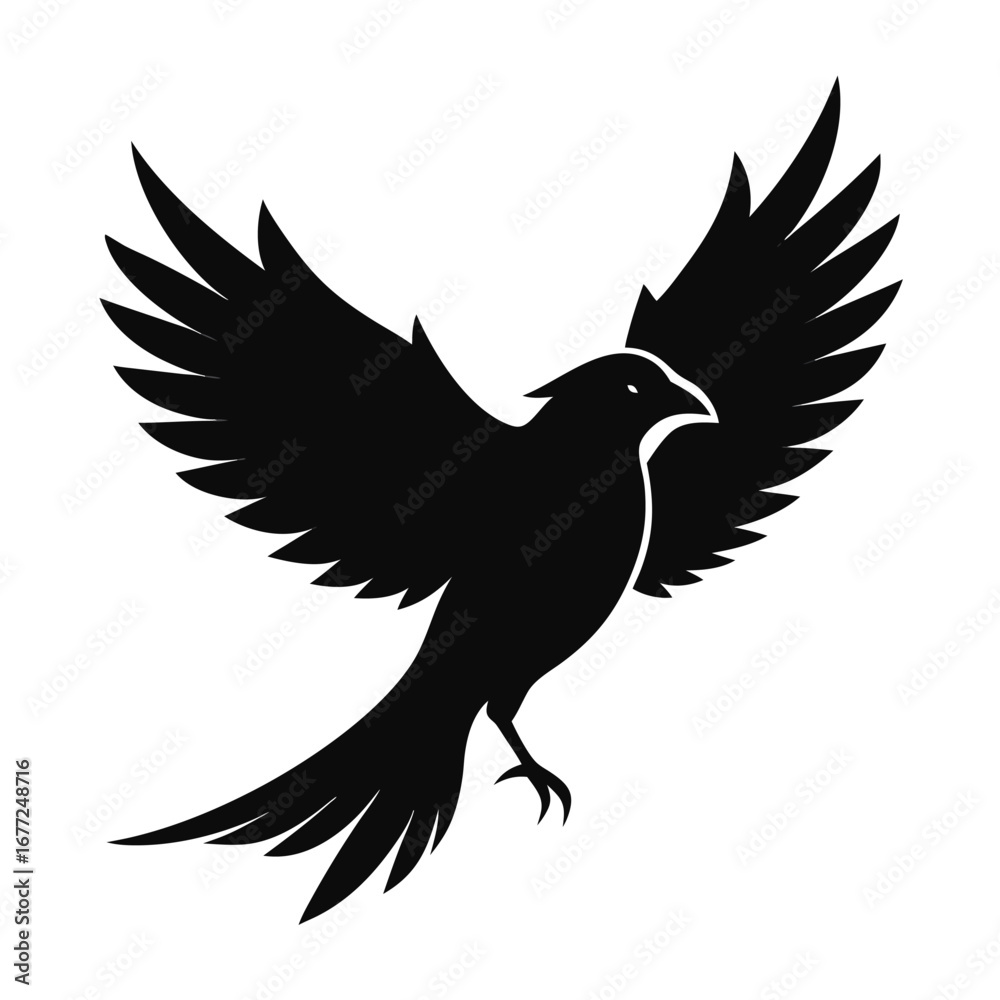 Obraz premium Black silhouette of a bird with outstretched wings on a white background flying