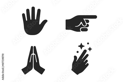 Hand gestures icon set. Solid glyph collection of spiritual and mystical symbols. Vector illustration of praying hands, magic spell, pointing finger, and open palm for stop.