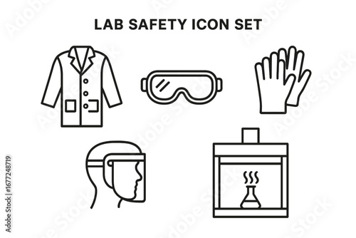 Lab safety outline icon set. Vector collection of laboratory personal protective equipment, PPE. Features lab coat, safety goggles, nitrile gloves, face shield, and fume hood.