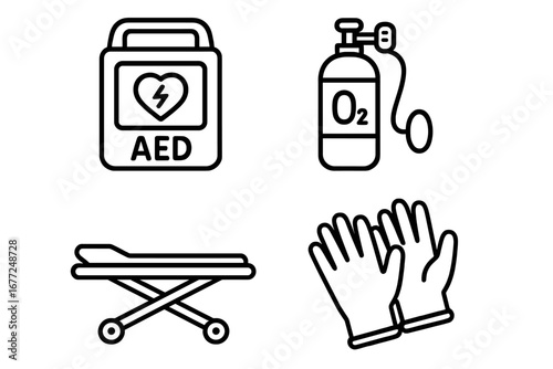Medical emergency icon set. First aid equipment. Rescue symbols. AED defibrillator. Oxygen tank. Hospital stretcher. Medical gloves. Urgent care. Ambulance. Health care line art.