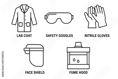 Lab safety personal protective equipment icon set. Laboratory gear line icons. Lab coat, safety goggles, gloves, face shield, fume hood. Science research vector symbols.