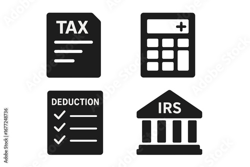 Tax preparation solid icon set. Financial glyphs for accounting and bookkeeping. Includes tax form, calculator, deduction list, and IRS building. Tax return and audit concept.