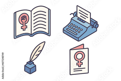 Feminist literature icon set. Isometric vector illustration of typewriter, book, quill pen. Women's rights, empowerment, activism, publishing, journalism history concept icons.