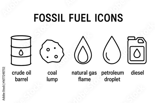 Fossil fuel outline icon set. Vector collection of non-renewable energy sources. Crude oil barrel, coal lump, natural gas flame, petroleum droplet, and diesel canister symbols.