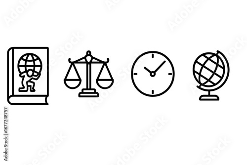 Mythical language roots icon set. Outline icons from etymology. Atlas mythology book, Nemesis justice scales, Chronos clock time, geography globe. Vector symbol collection.
