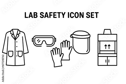 Lab safety icon set. Outline icons of personal protective equipment for science. Laboratory safety gear: lab coat, goggles, gloves, face shield, fume hood. Vector concept.