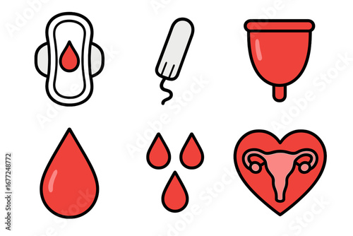 Menstrual health icon set for awareness campaigns. Vector cartoon illustration of feminine hygiene products like pad, tampon, cup. Period symbols, blood drop and uterus.