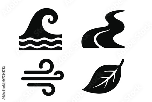 Nature elements icon set. Solid glyph symbols of water wave, flowing river, wind swirl, and leaf. Concepts of environment, ecology, weather, and natural fluid motion.