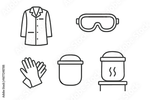 Lab safety outline icon set. Personal protective equipment for science, chemistry, and research. Vector icons of lab coat, safety goggles, nitrile gloves, face shield, fume hood.