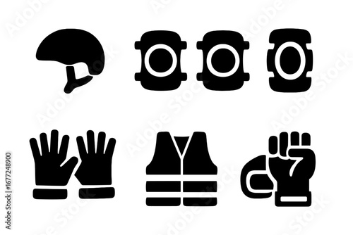 Protective gear solid icon set. Sports and work safety equipment. Vector graphic glyphs of helmet, knee pads, elbow pads, gloves, wrist guard and reflective safety vest.