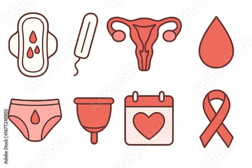 Vector icon set of menstrual health products and symbols. Feminine hygiene, period, uterus, blood drop, pad, tampon, cup for awareness campaign or educational purposes.