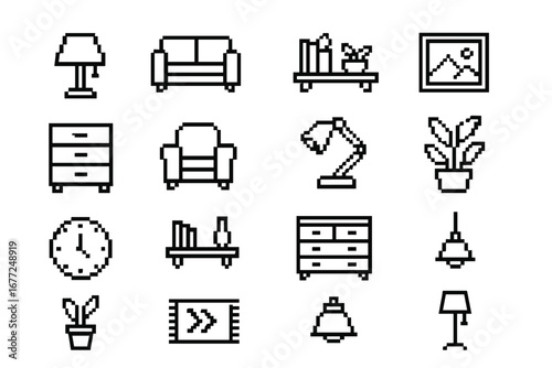 Pixel art home decor icons set. 8-bit furniture and interior decoration symbols. Retro game asset collection. Vector outline illustration for web and mobile design.