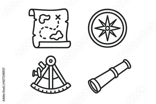 Nautical map outline icon set. Old treasure map, compass rose, sextant, and spyglass navigation gear. Vector illustration for pirate adventure, discovery, and maritime travel.