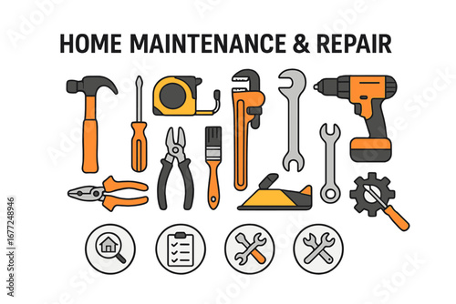 Home maintenance and repair tool set with icons for inspection and DIY projects. Handyman equipment for construction and renovation. Vector illustration of a hammer, drill, wrench.