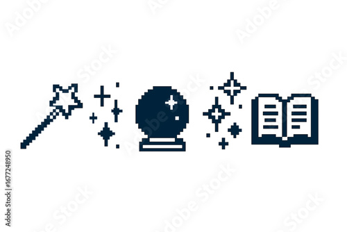 Magical pixel icons set. 8-bit fantasy game assets. Vector collection of magic wand, crystal ball, spellbook, sparkles, fairy dust. Wizard sorcery graphic elements.