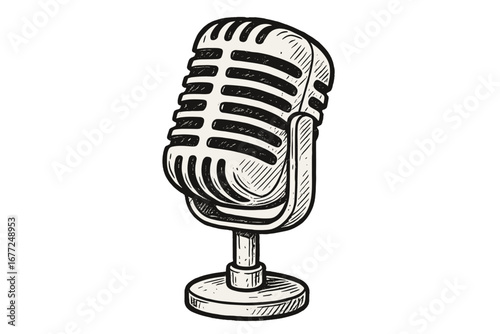 Hand drawn vintage microphone illustration. Retro recording mic for podcast, radio, or broadcast. Monochrome sketch of studio equipment. Vector for music or sound design.