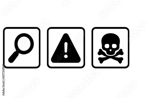 Safety icons set. Magnifying glass for investigation, triangular warning sign for caution and hazard alert, and skull with crossbones for poison, toxic danger, or death symbol.