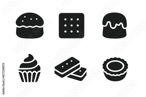 Tea dessert solid glyph icon set. Afternoon tea pastry collection with scone, biscuit, cupcake, shortbread, jam tart. Bakery, cafe, sweet food vector graphic elements.