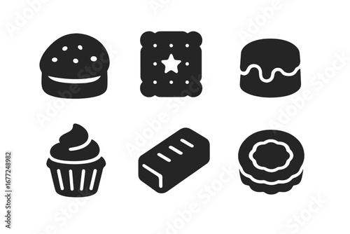Tea dessert icons glyph set. Solid silhouette vector collection of sweets and pastries for tea time. Includes scone, biscuit, tea cake, cupcake, shortbread, and jam tart.