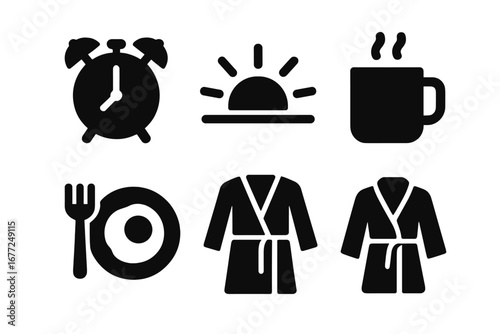 Morning routine solid glyph icon set. Wake up concept symbols. Alarm clock, sunrise, hot coffee or tea mug, breakfast plate with egg, and cozy bathrobe pictogram collection.