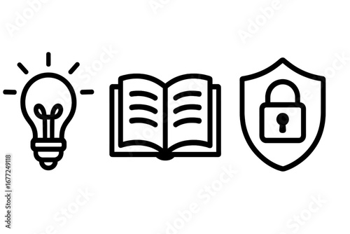 Vector icon set for intellectual property. Idea lightbulb, knowledge book, security shield. Concept for education, data privacy, learning, copyright, and information safety.
