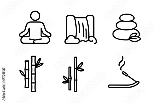 Meditation and yoga line icon set. Zen, spa, and wellness symbols. Includes lotus pose, waterfall, balanced stones, bamboo, and incense. Mindfulness and relaxation concept.
