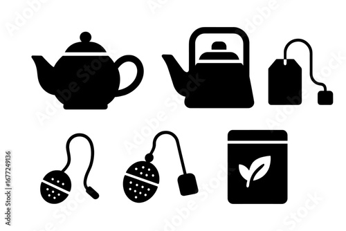 Tea essentials solid glyph icon set. Teapot, kettle, tea bag, infuser, and loose leaf package symbols. Vector silhouette collection for cafe menu or beverage concepts.