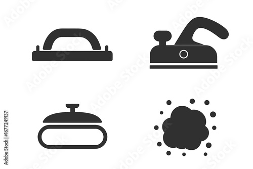 Sanding tools icon set. Solid glyph icons of hand sander, electric sander, sanding block, and dust cloud. Woodworking, carpentry, and renovation equipment symbols vector.