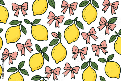 Charming seamless pattern featuring bright yellow lemons and pink bows on a clean white background, perfect for fabric, wallpaper, packaging, and spring summer designs, vector cartoon illustration