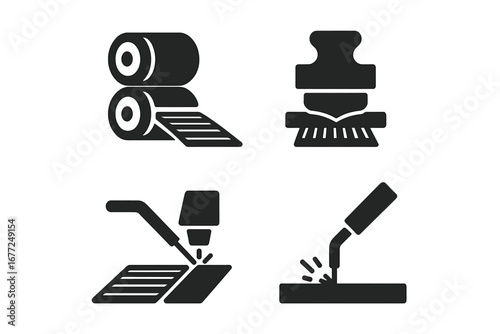 Metal process icons. Solid glyph icon set of metalworking and manufacturing. Rolling, stamping, welding, laser cutting. Industrial fabrication vector symbol collection.