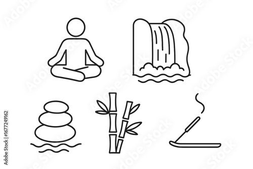 Zen meditation outline icon collection. Vector symbols for mindfulness, spa, and relaxation. Features yoga lotus pose, waterfall, balance stones, bamboo, and incense stick.