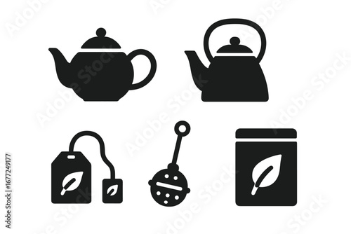 Tea essentials solid icon set. Vector glyph symbols for tea brewing. Teapot, kettle, tea bag, infuser, and loose leaf tin icons for cafe menu or packaging design.