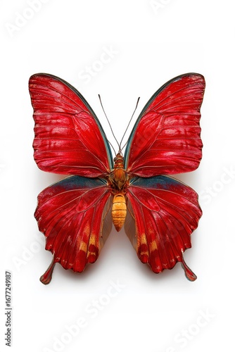 Red butterfly ornithoptera croesus showing its beautiful wings on white background