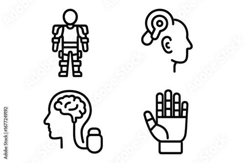 Neuroprosthetics icon set. Bionic technology, robotic exoskeleton, cochlear implant, deep brain stimulation and prosthetic hand. Human augmentation vector outline icons.