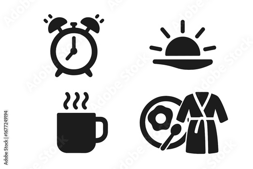 Morning routine solid glyph icons set. Wake up time, breakfast concepts. Alarm clock, sunrise, hot drink, steaming mug, food plate, cozy bathrobe vector pictogram collection.