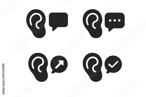 Active listening skills icon set. Communication, feedback, and understanding concept. Ear with speech bubble symbol. Hearing, dialogue, and confirmation vector glyph icons.