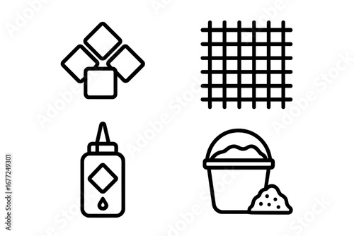 Mosaic art materials and tools outline icon set. Vector illustration of craft supplies for DIY projects. Includes tesserae tiles, mesh backing, adhesive glue, and grout cement.