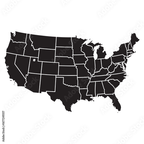 A detailed black silhouette map of the United States of America showing all the individual state borders, vector illustration