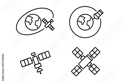 Satellite icon set vector. Outline icons of orbital mechanics, LEO, geostationary orbit. Space technology, communication, GPS, network, broadcast science illustration.