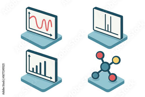 Molecular analysis isometric icon set. Science data visualization. Spectroscopic chemistry research. Infrared spectrum graph, NMR, mass spectrometry, and molecule vector icons.