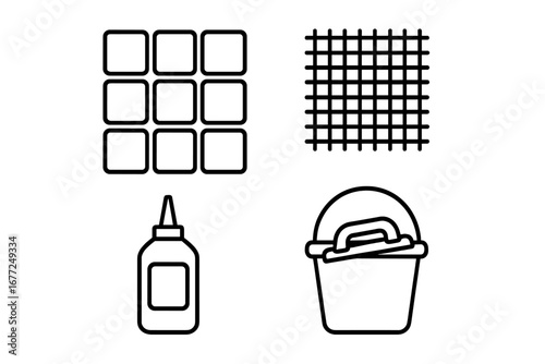 Mosaic art materials and tools outline icon set. Vector illustration of tesserae tiles, mesh backing, adhesive glue, and grout for DIY crafts, hobbies, and decoration.