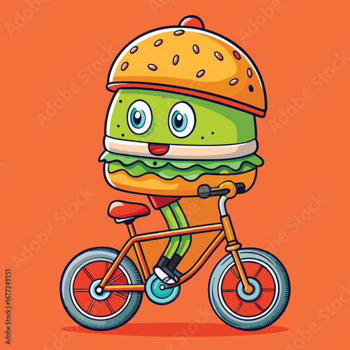 cartoon hamburger pedals cheerfully on a bicycle, safely wearing its helmet