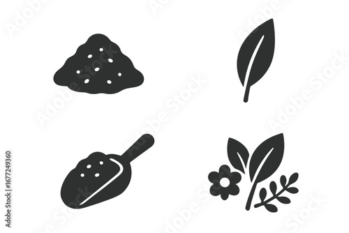 Tea flavor glyph icons collection. Solid filled vector icon set with loose leaf tea pile, green tea plant, black tea scoop, and herbal infusion mix. Isolated beverage symbols.